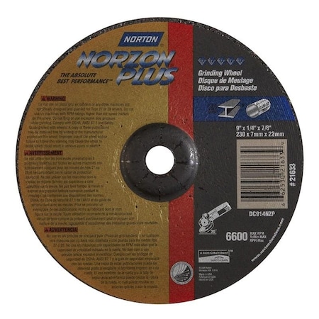 Norton Co Grinding Wheel, Depressed Center, Type 27 - Metal - NorZon Plus, 9 x 1/4 x 7/8, Max RPM: 6600 662530-21633